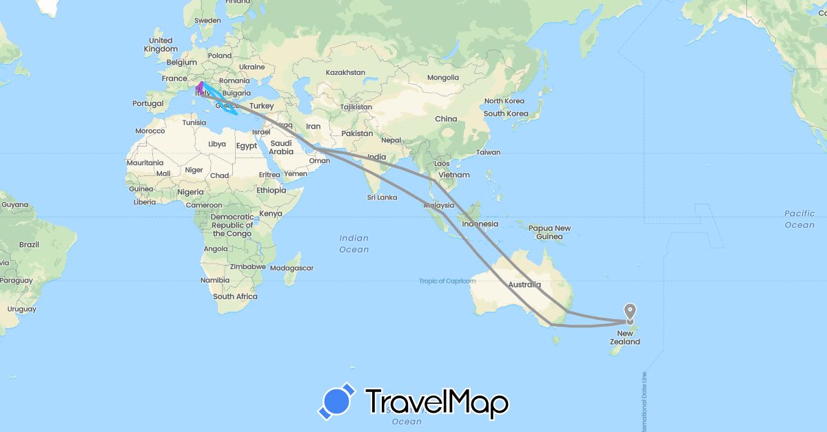 TravelMap itinerary: driving, plane, cycling, train, boat in United Arab Emirates, Australia, Greece, Italy, Montenegro, New Zealand, Singapore, Thailand (Asia, Europe, Oceania)